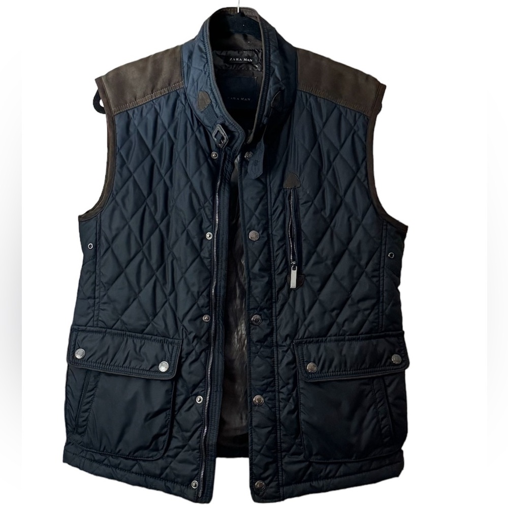 Zara Man Navy Blue & Brown Zip Quilted
Vest USA L